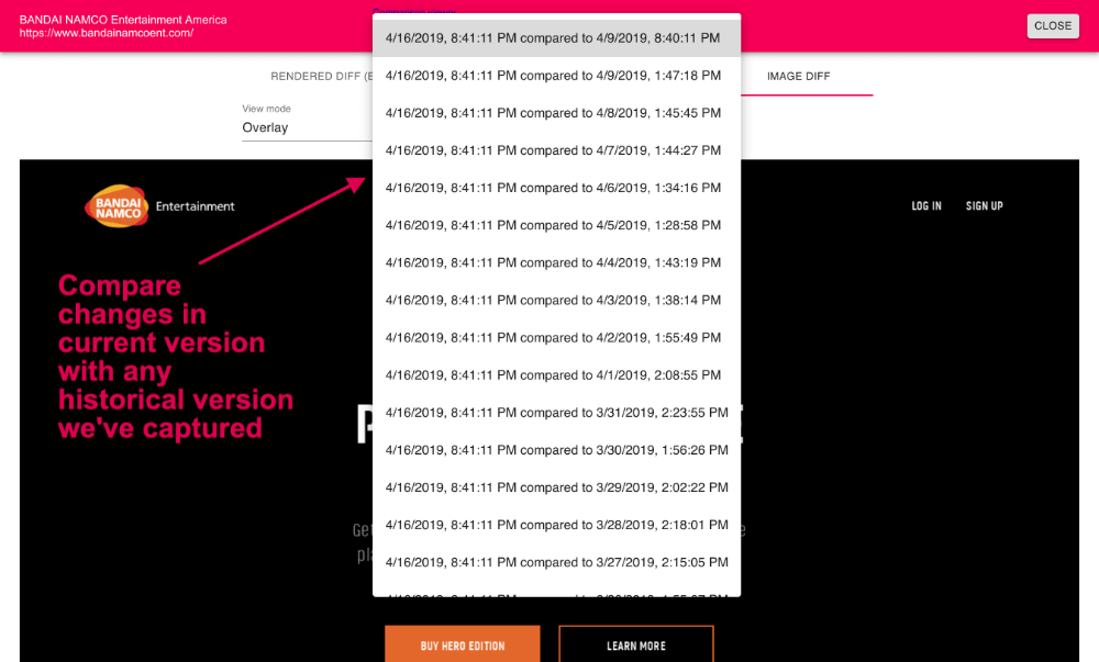 Compare current version to any archived version